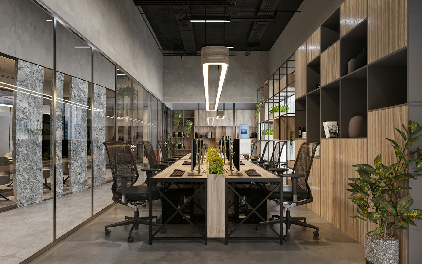An empty meeting room with a long table